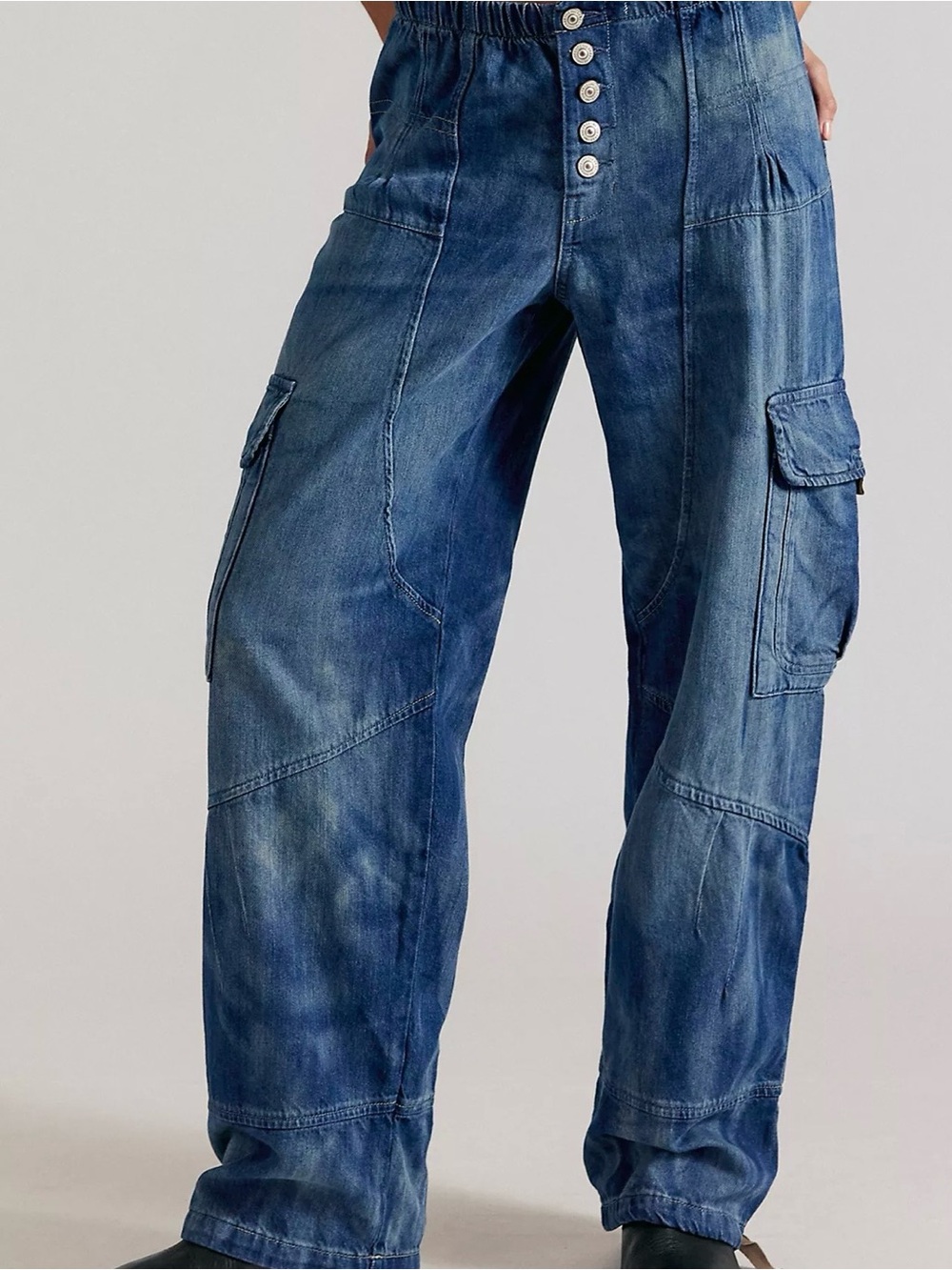 Free People Washed Blue Relaxed Cargo Jeans
